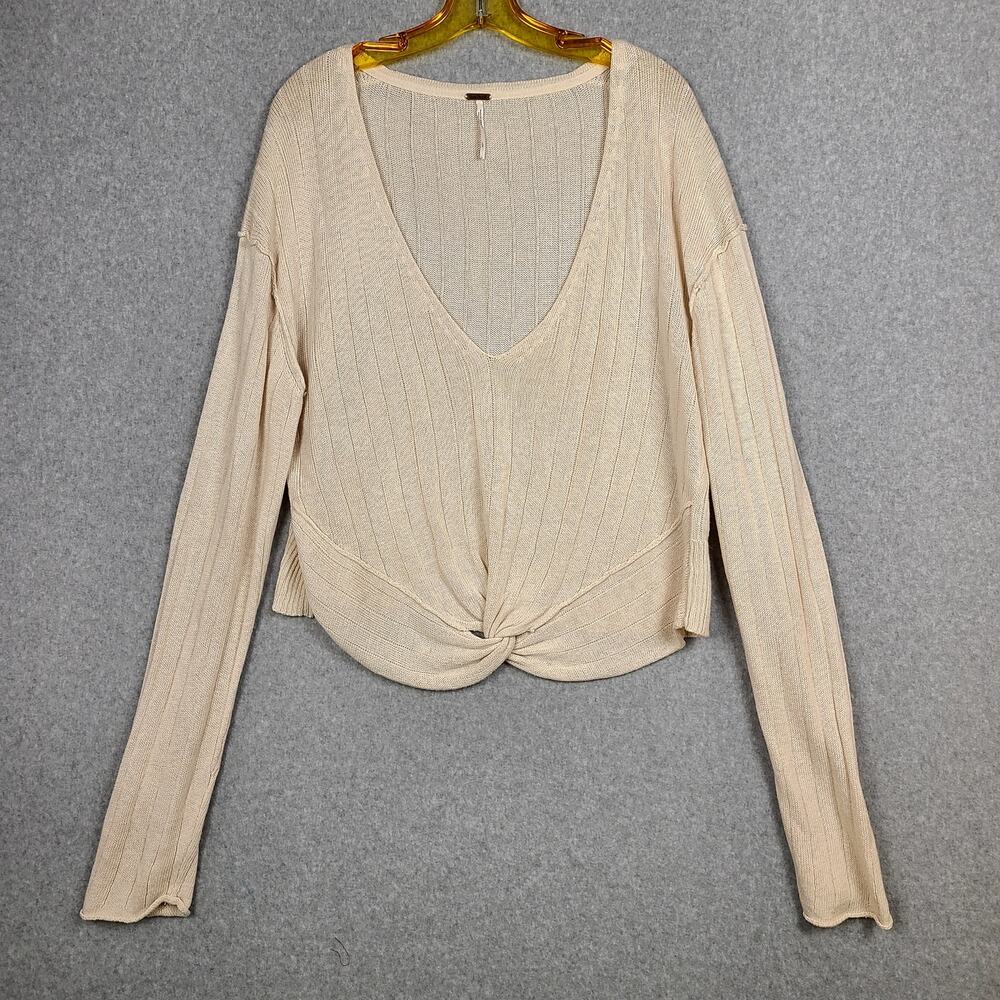 Free People Cream Ribbed V Neck Long Sleeve Linen Cropped Twist Sweater Top Sz L